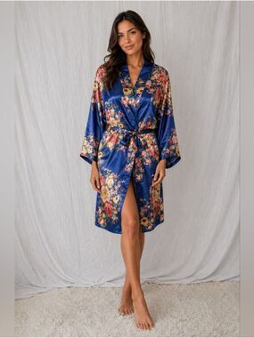 Vibrant Floral Satin Kimono OS Blue Pink